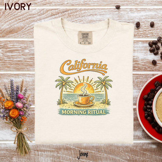 California Morning Ritual Comfort Colors® T-Shirt – Retro Coffee Lover Beach Tee, Vintage Sunset Café Shirt