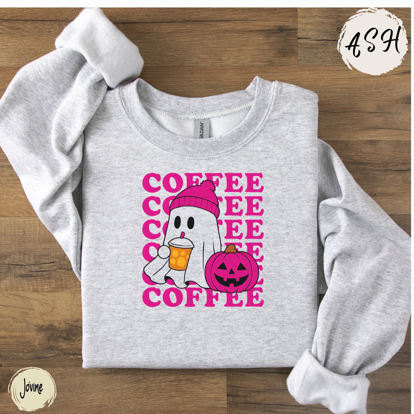 Ghost Coffee Sweatshirt | Cute Halloween Fall Shirt | Pumpkin Spice Lover Gift | Cozy Pink Beanie Ghost spooky Season, pink ghost shirt
