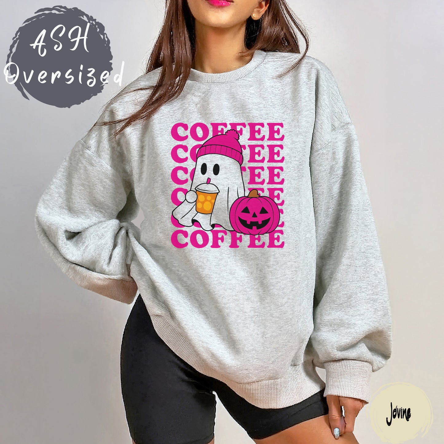 Ghost Coffee Sweatshirt | Cute Halloween Fall Shirt | Pumpkin Spice Lover Gift | Cozy Pink Beanie Ghost spooky Season, pink ghost shirt