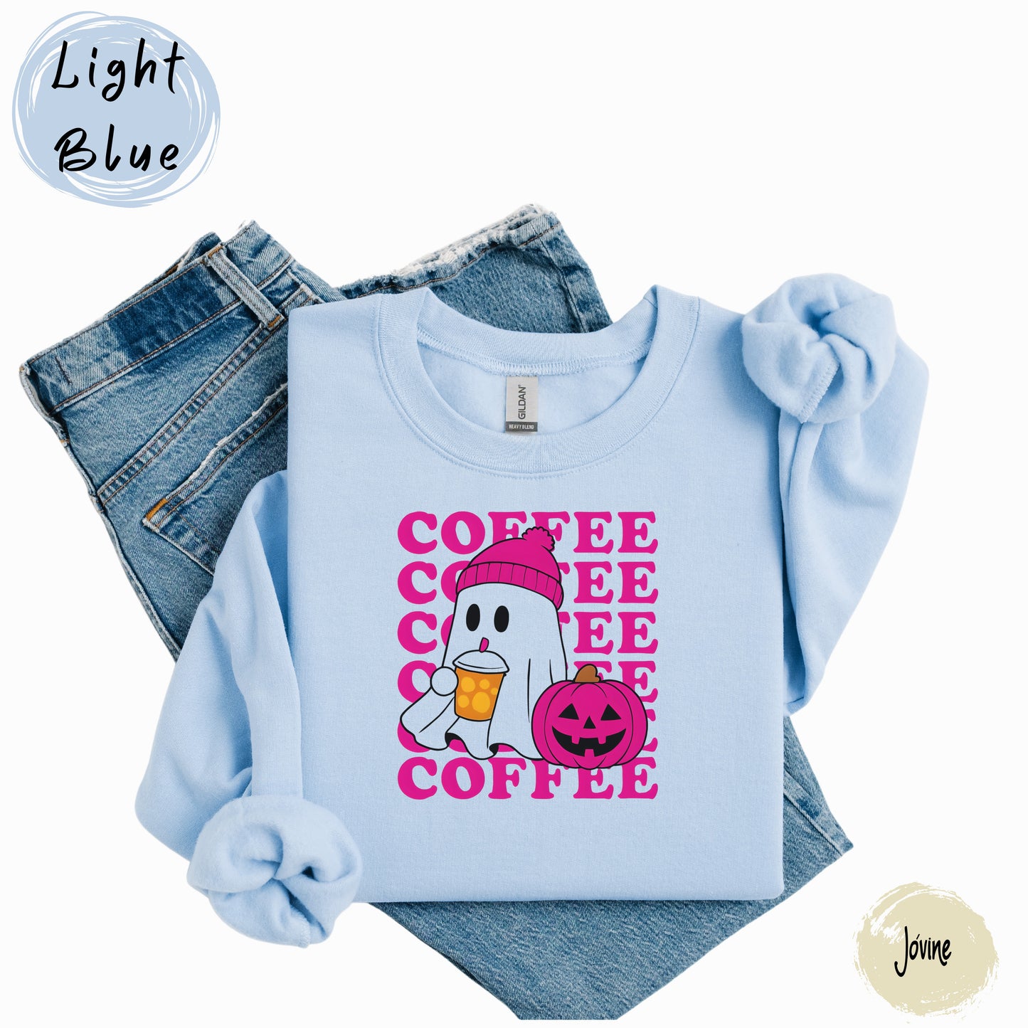 Ghost Coffee Sweatshirt | Cute Halloween Fall Shirt | Pumpkin Spice Lover Gift | Cozy Pink Beanie Ghost spooky Season, pink ghost shirt