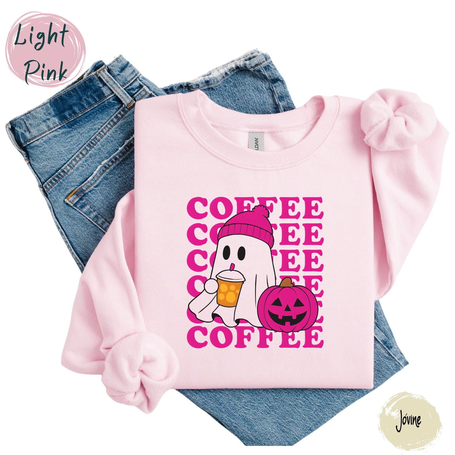 Ghost Coffee Sweatshirt | Cute Halloween Fall Shirt | Pumpkin Spice Lover Gift | Cozy Pink Beanie Ghost spooky Season, pink ghost shirt