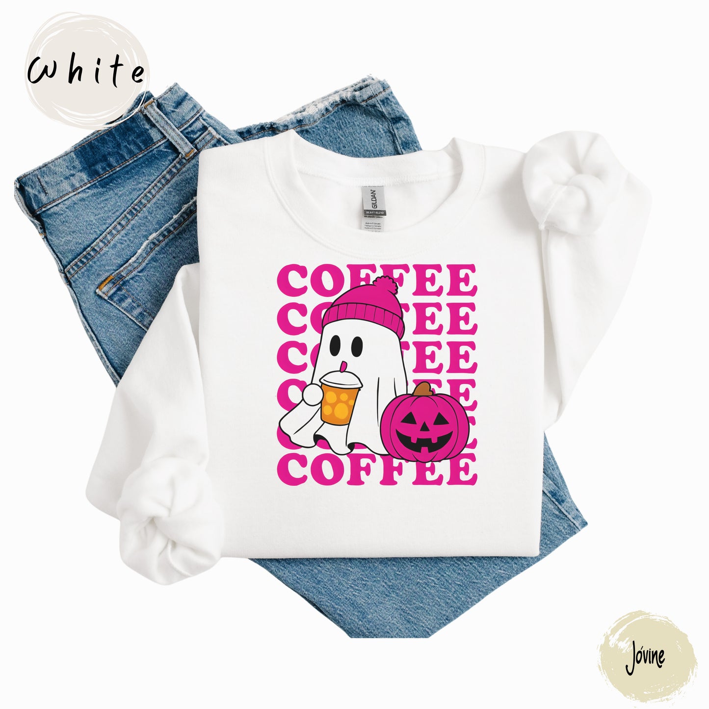 Ghost Coffee Sweatshirt | Cute Halloween Fall Shirt | Pumpkin Spice Lover Gift | Cozy Pink Beanie Ghost spooky Season, pink ghost shirt