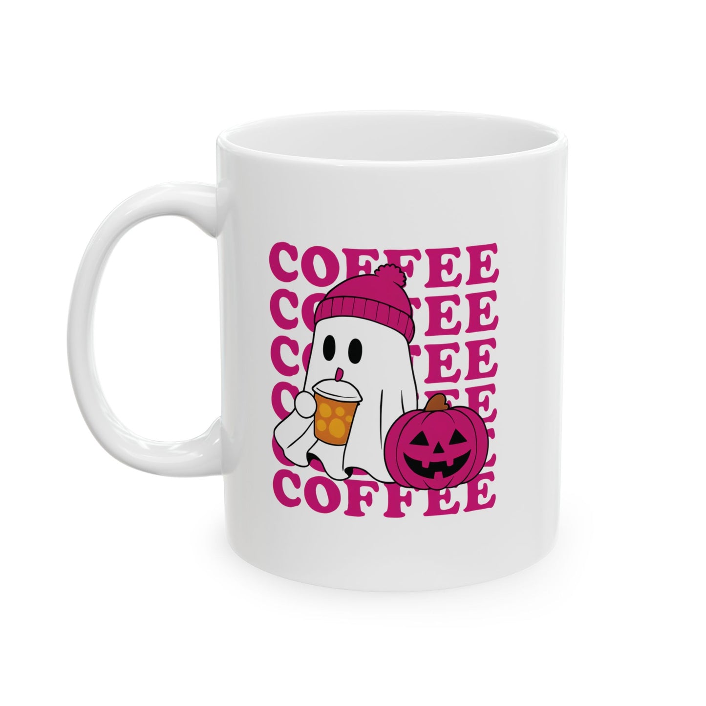 Cute Ghost Coffee Mug | Halloween Coffee Lover Gift | Cozy Fall Aesthetic | Pink Beanie Ghost with Pumpkin Cup, quirky halloween mug,