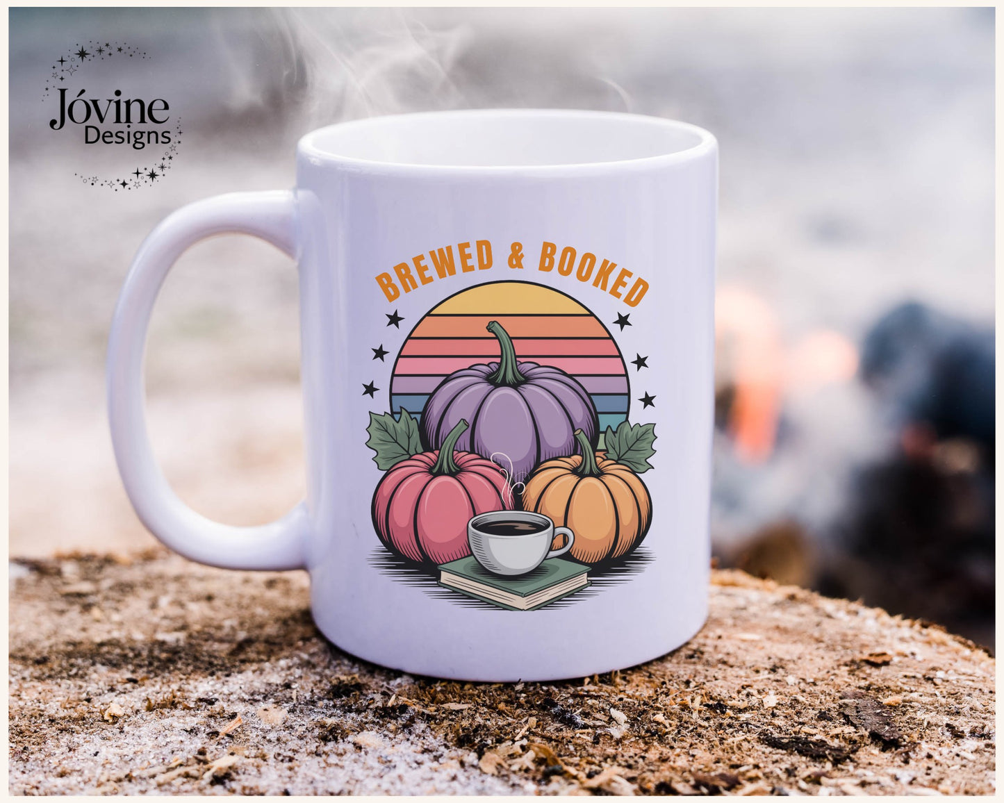 Brewed & Booked Fall Mug , Pumpkin Coffee Book Lover Gift , Autumn Aesthetic Reader, retro sunset mug, whimsical mug, cozy season gifts,