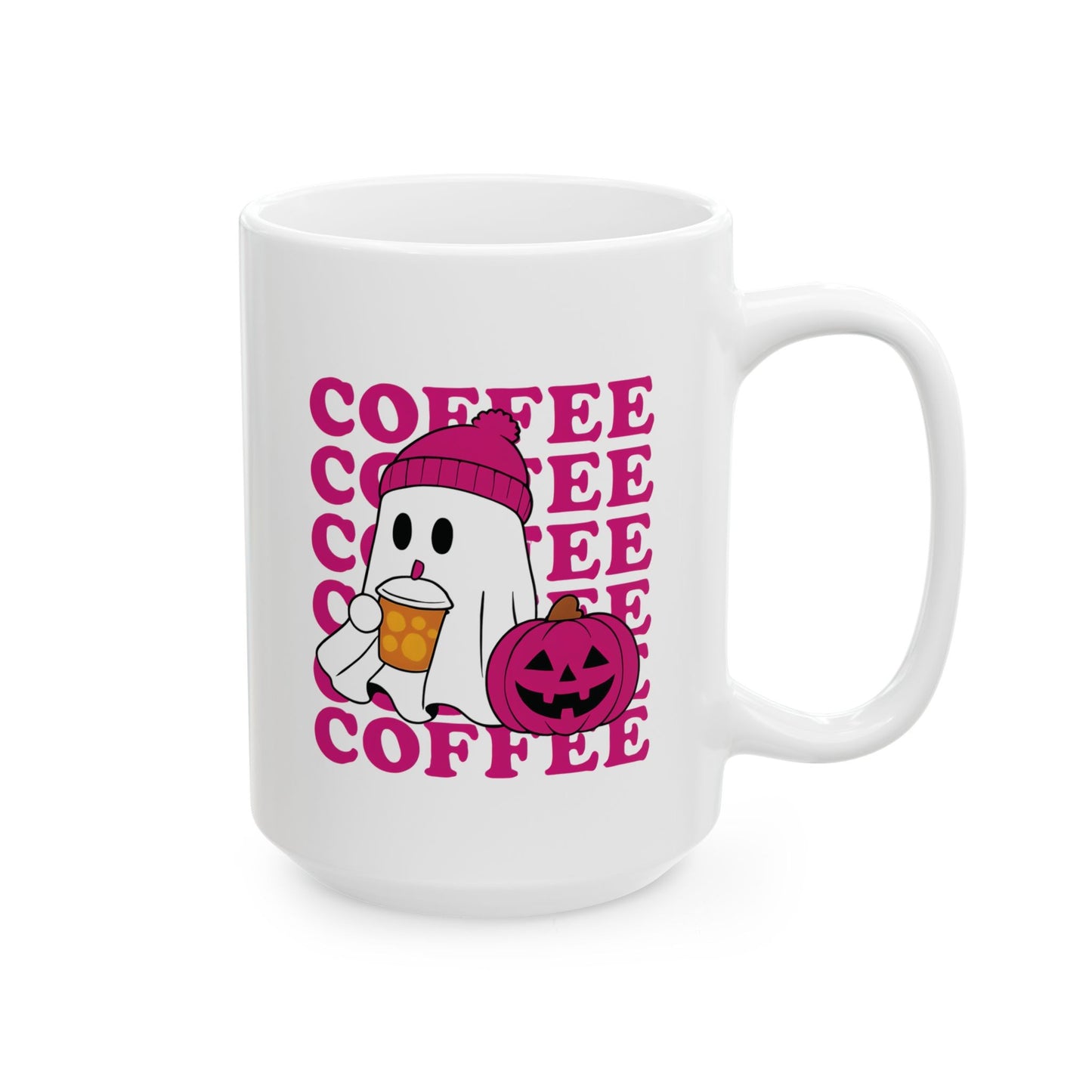 Cute Ghost Coffee Mug | Halloween Coffee Lover Gift | Cozy Fall Aesthetic | Pink Beanie Ghost with Pumpkin Cup, quirky halloween mug,