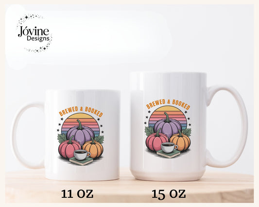 Brewed & Booked Fall Mug , Pumpkin Coffee Book Lover Gift , Autumn Aesthetic Reader, retro sunset mug, whimsical mug, cozy season gifts,
