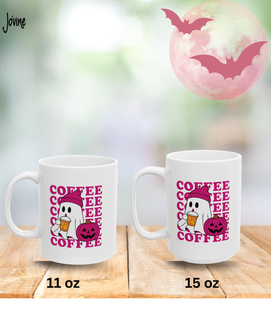 Cute Ghost Coffee Mug | Halloween Coffee Lover Gift | Cozy Fall Aesthetic | Pink Beanie Ghost with Pumpkin Cup, quirky halloween mug,