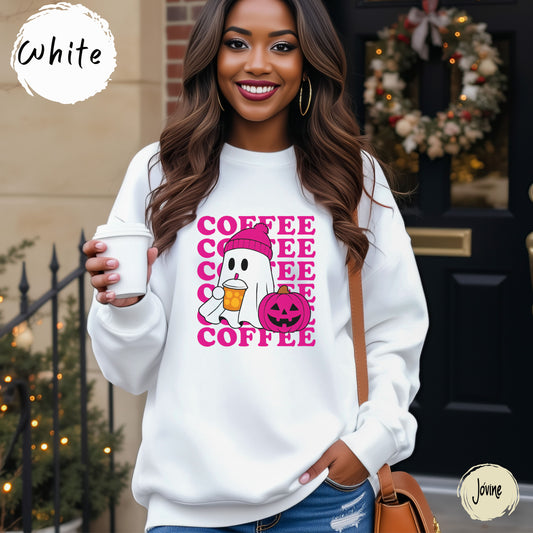 Ghost Coffee Sweatshirt | Cute Halloween Fall Shirt | Pumpkin Spice Lover Gift | Cozy Pink Beanie Ghost spooky Season, pink ghost shirt