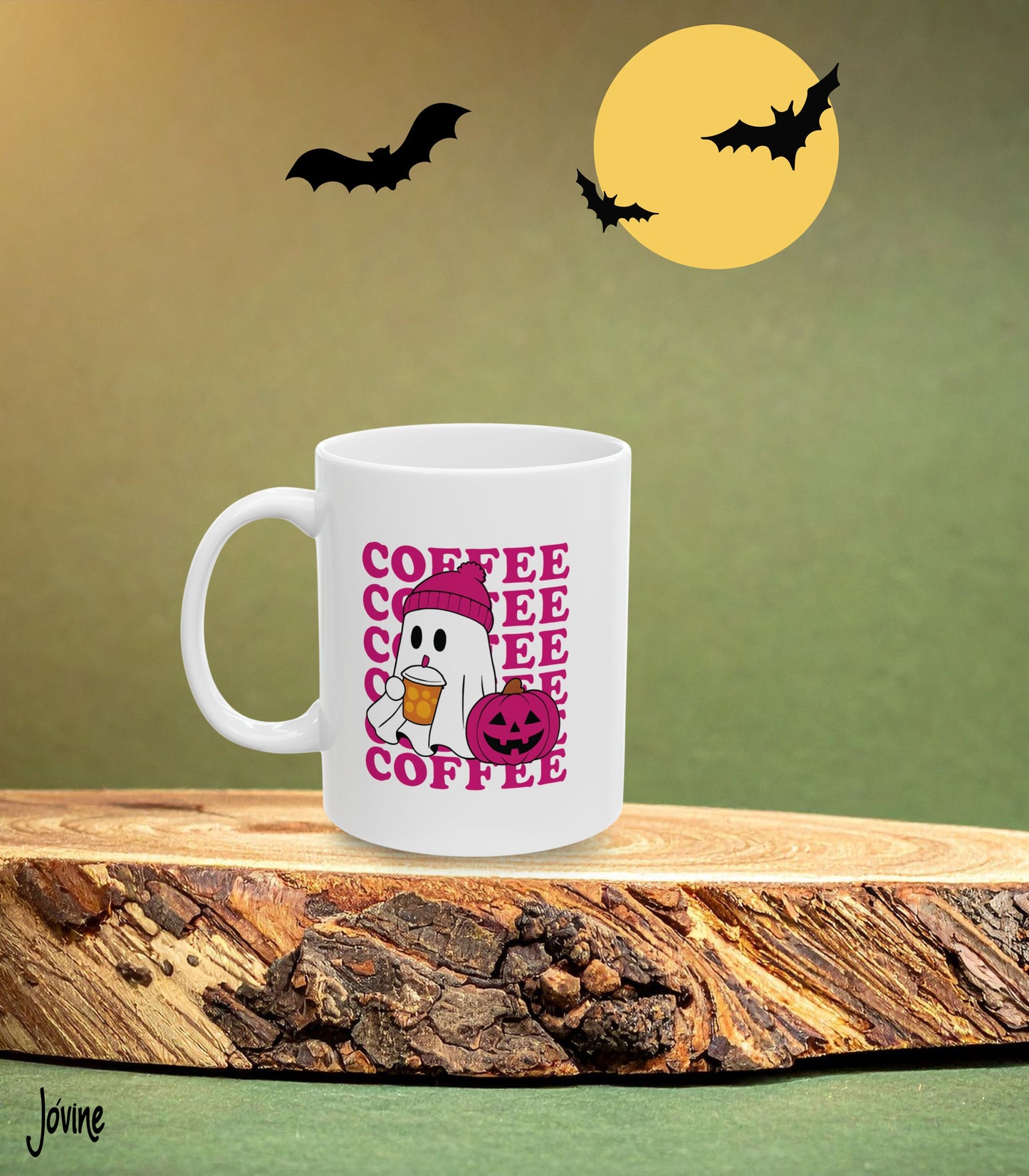 Cute Ghost Coffee Mug | Halloween Coffee Lover Gift | Cozy Fall Aesthetic | Pink Beanie Ghost with Pumpkin Cup, quirky halloween mug,