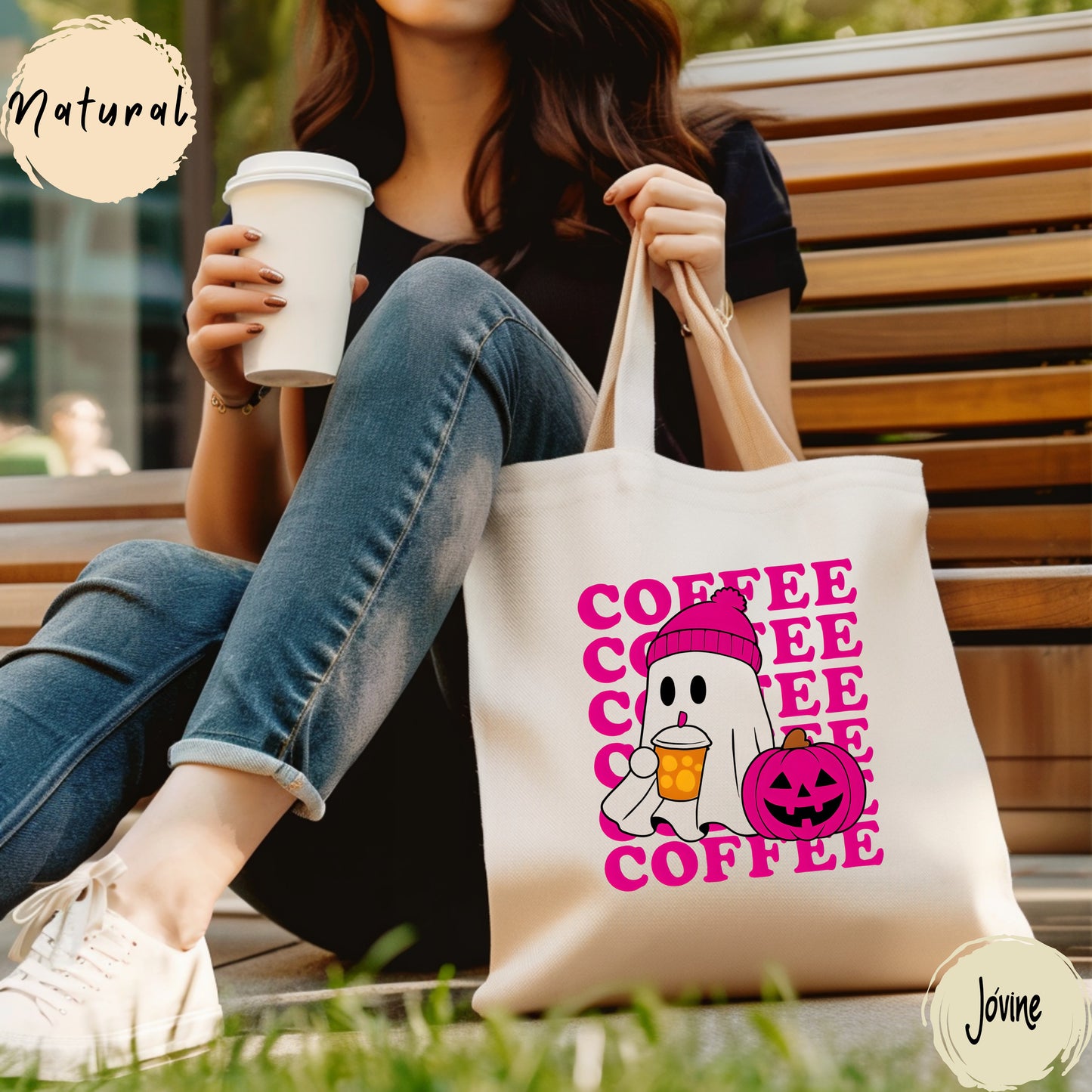 Halloween Coffee ghost Canvas Tote bag, ghost drinking coffee tote bag, coffee gift tote bag, cute ghost, eco- friendly, Reusable tote