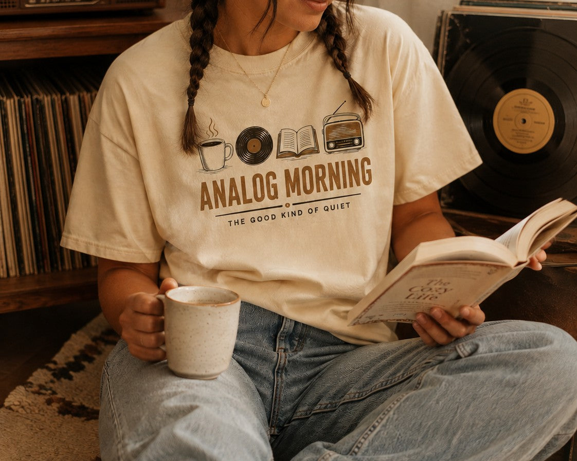 Analog Morning Vintage T-Shirt | Book Lover Retro Tee | Slow Living Graphic Shirt