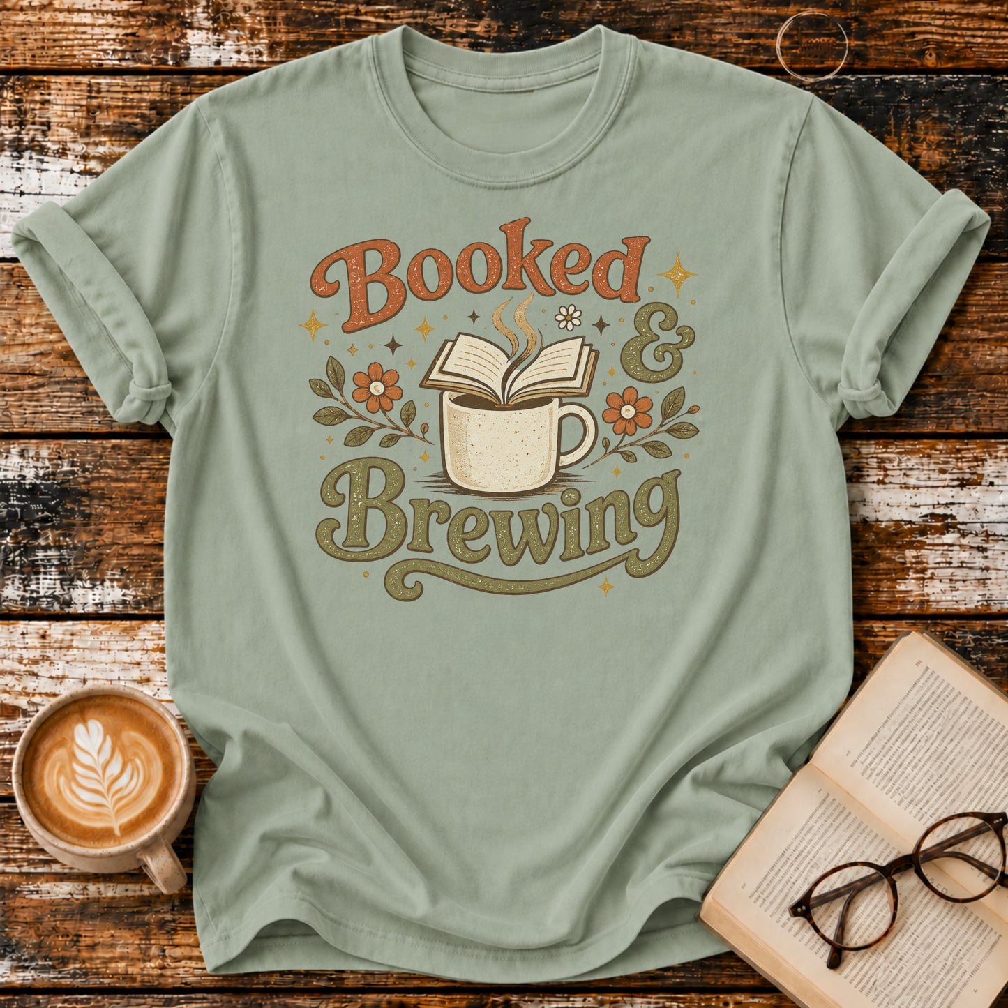 Booked & Brewing Vintage T-Shirt | Book Lover Coffee Tee | Cozy Reader Shirt