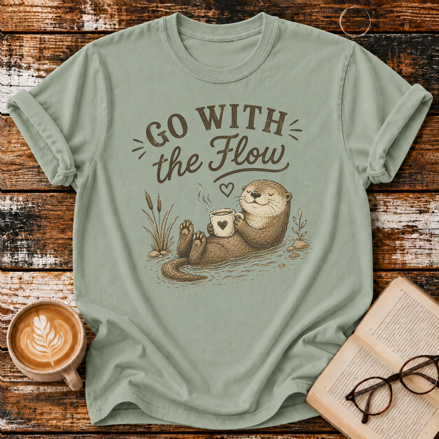 Go With the Flow Otters Vintage T-Shirt | Funny Coffee Lover Tee | Slow Living Shirt