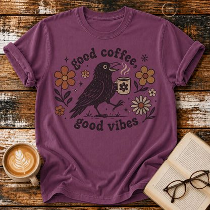 Good Coffee Good Vibes Vintage T-Shirt | Coffee Lover Crow Tee | Retro Floral Graphic Shirt