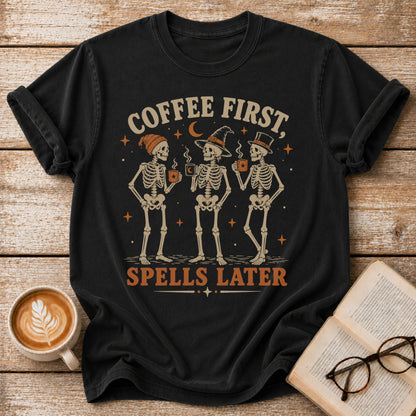 Coffee First Spells Later Vintage T-Shirt | Halloween Skeleton Coffee Tee | Spooky Coffee Lover Shirt
