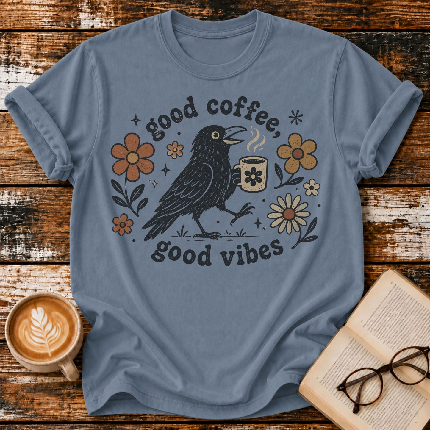 Good Coffee Good Vibes Vintage T-Shirt | Coffee Lover Crow Tee | Retro Floral Graphic Shirt