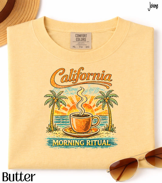 California Morning Ritual Comfort Colors® T-Shirt – Retro Coffee Lover Beach Tee, Vintage Sunset Café Shirt