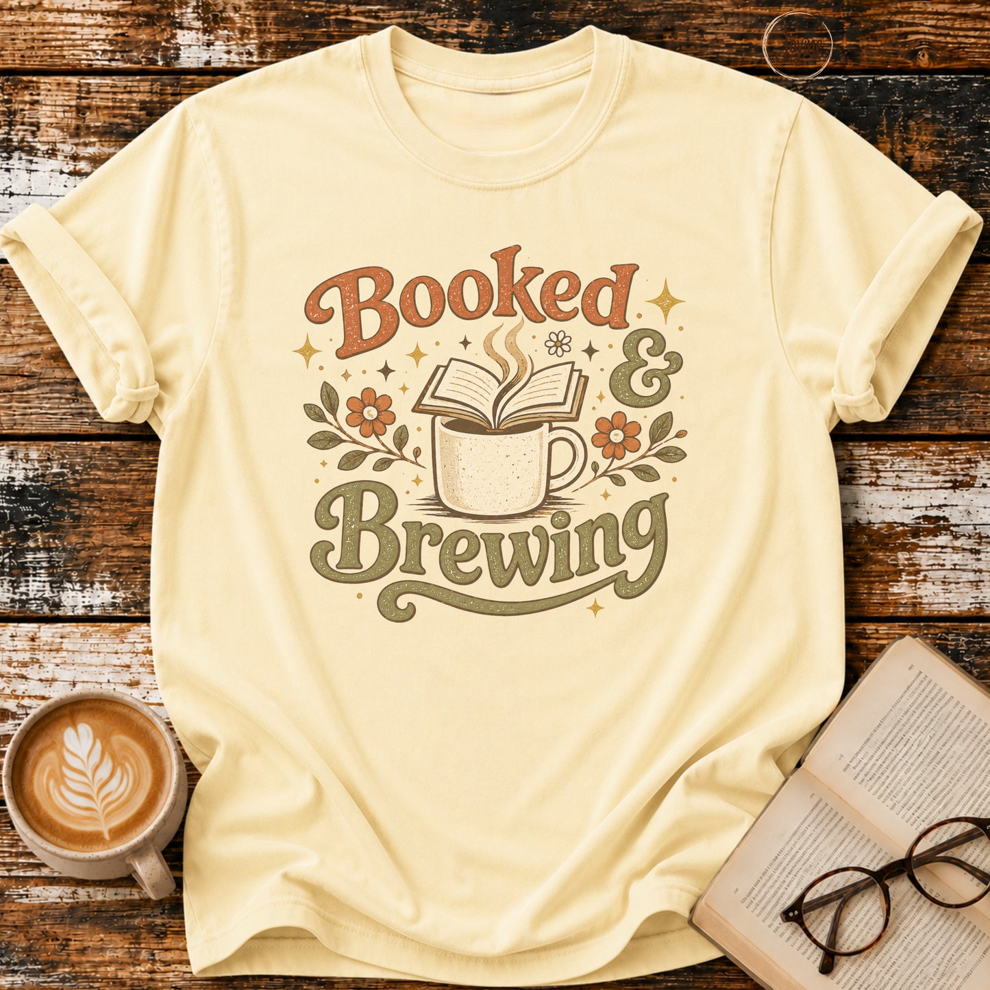 Booked & Brewing Vintage T-Shirt | Book Lover Coffee Tee | Cozy Reader Shirt