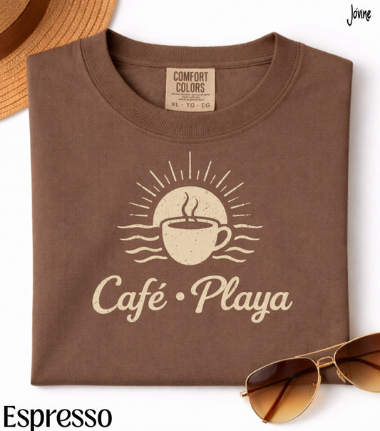 Café y Playa Comfort Colors® T-Shirt – Vintage Retro Coffee Lover Tee, Spanish Sunshine Coffee Shirt