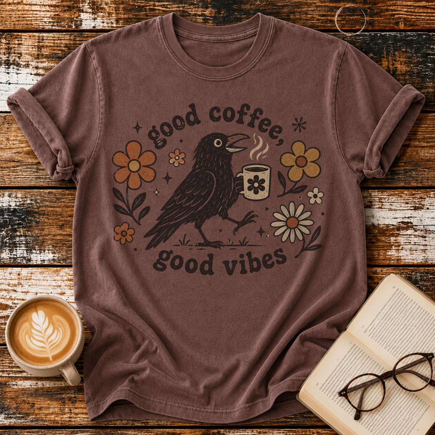 Good Coffee Good Vibes Vintage T-Shirt | Coffee Lover Crow Tee | Retro Floral Graphic Shirt