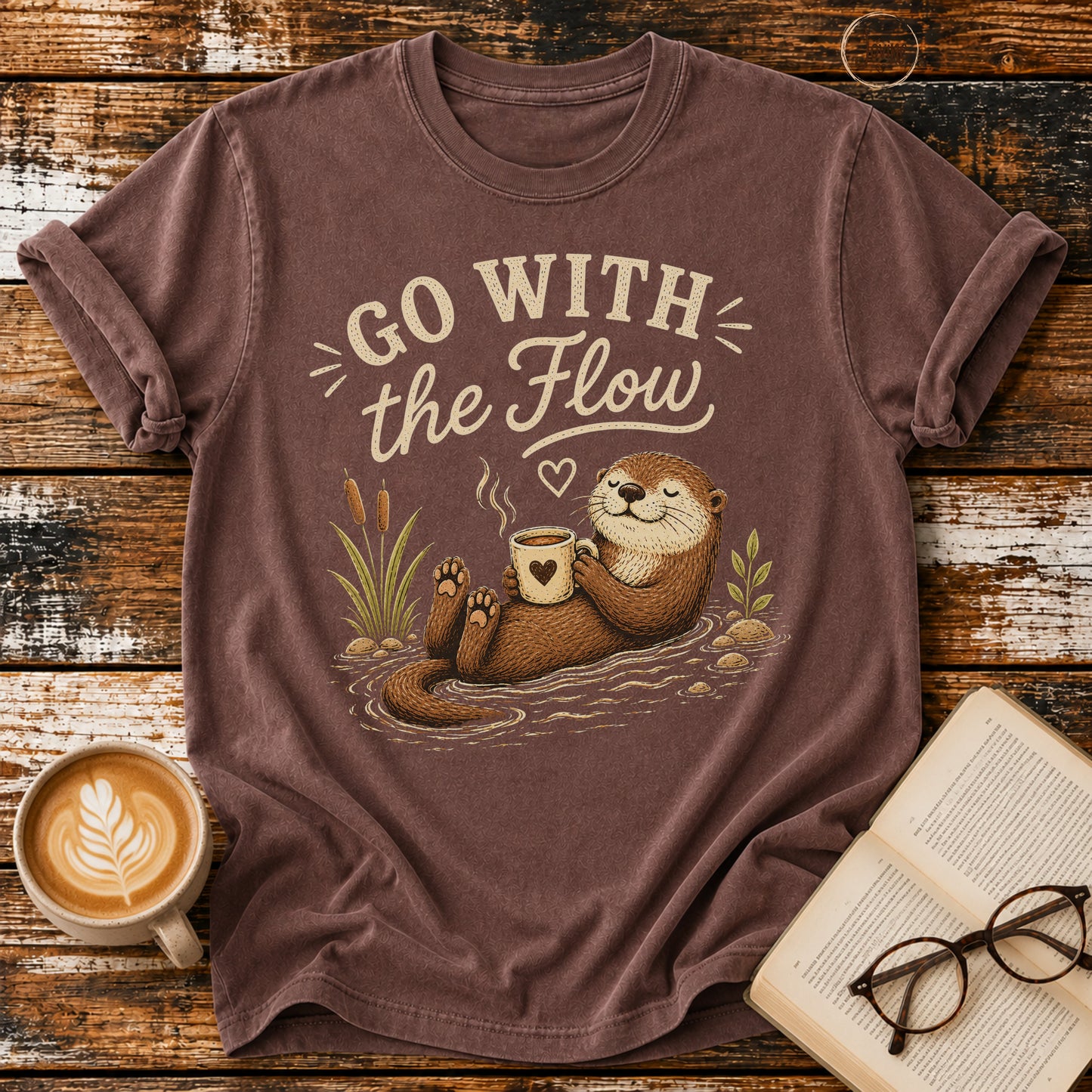 Go With the Flow Otters Vintage T-Shirt | Funny Coffee Lover Tee | Slow Living Shirt