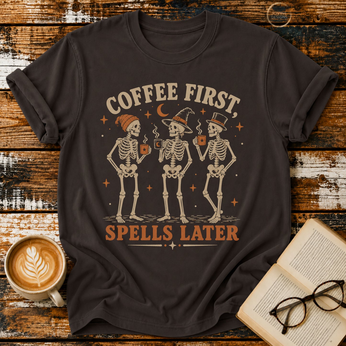 Coffee First Spells Later Vintage T-Shirt | Halloween Skeleton Coffee Tee | Spooky Coffee Lover Shirt