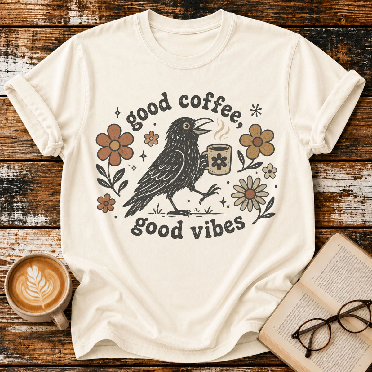 Good Coffee Good Vibes Vintage T-Shirt | Coffee Lover Crow Tee | Retro Floral Graphic Shirt