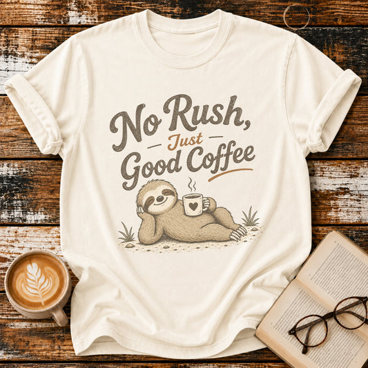 No Rush, Just Good Coffee Sloth Vintage T-Shirt | Funny Coffee Lover Tee | Slow Living Shirt