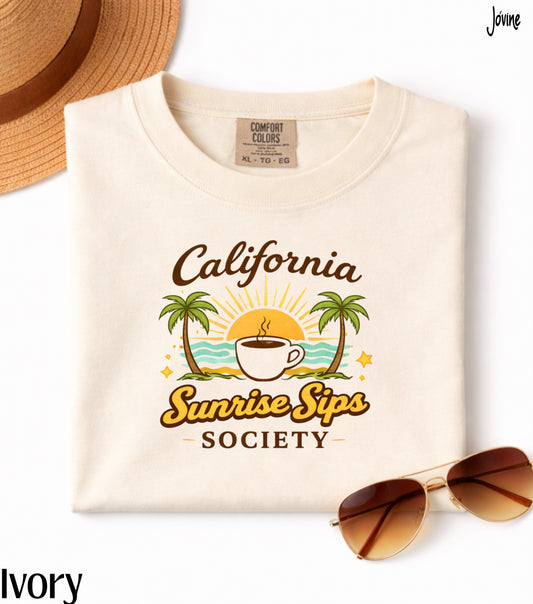 California Sunrise Sip Society Comfort Colors® T-Shirt – Vintage 70s Retro Beach Sunset Tee, Coffee Lover Shirt