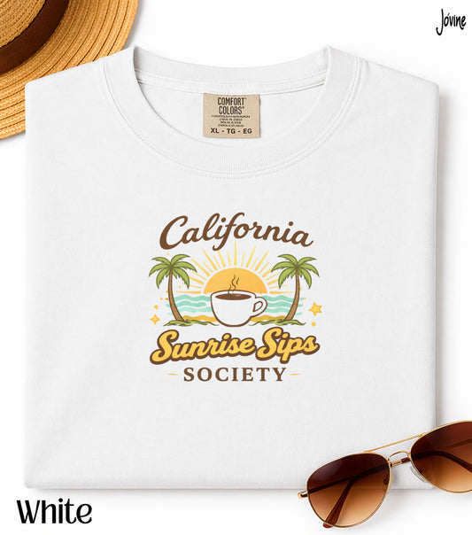 California Sunrise Sip Society Comfort Colors® T-Shirt – Vintage 70s Retro Beach Sunset Tee, Coffee Lover Shirt