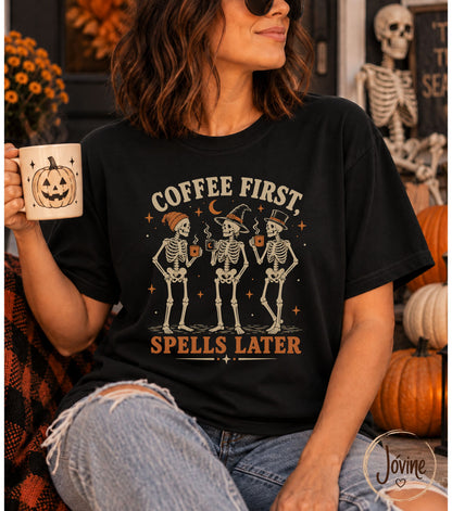 Coffee First Spells Later Vintage T-Shirt | Halloween Skeleton Coffee Tee | Spooky Coffee Lover Shirt