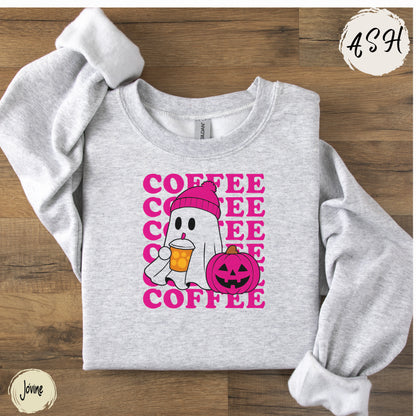 Ghost Coffee Sweatshirt | Cute Halloween Fall Shirt | Pumpkin Spice Lover Gift | Cozy Pink Beanie Ghost spooky Season, pink ghost shirt
