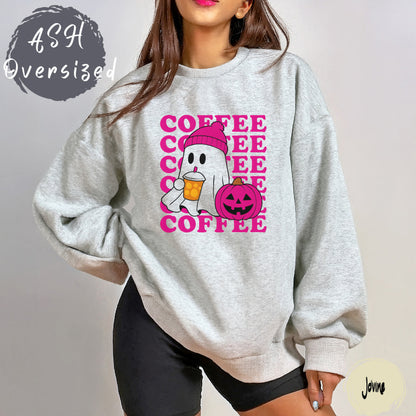 Ghost Coffee Sweatshirt | Cute Halloween Fall Shirt | Pumpkin Spice Lover Gift | Cozy Pink Beanie Ghost spooky Season, pink ghost shirt