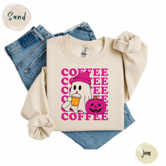 Ghost Coffee Sweatshirt | Cute Halloween Fall Shirt | Pumpkin Spice Lover Gift | Cozy Pink Beanie Ghost spooky Season, pink ghost shirt