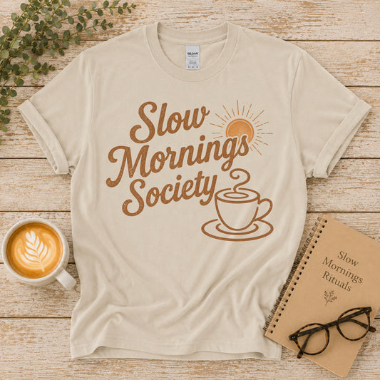 Slow Mornings Society Softstyle T-Shirt – Cozy Retro Coffee Shirt