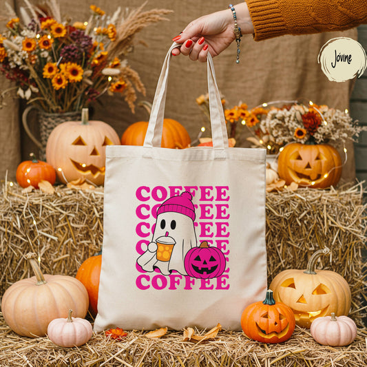 Halloween Coffee ghost Canvas Tote bag,  ghost drinking coffee tote bag,  coffee gift tote bag, cute ghost, eco- friendly, Reusable tote
