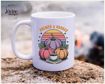 Brewed & Booked Fall Mug , Pumpkin Coffee Book Lover Gift , Autumn Aesthetic Reader, retro sunset mug, whimsical mug, cozy season gifts,