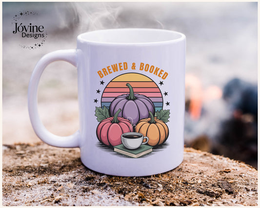 Brewed & Booked Fall Mug , Pumpkin Coffee Book Lover Gift , Autumn Aesthetic Reader, retro sunset mug, whimsical mug, cozy season gifts,