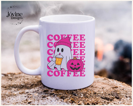 Cute Ghost Coffee Mug  | Halloween Coffee Lover Gift | Cozy Fall Aesthetic | Pink Beanie Ghost with Pumpkin Cup, quirky halloween mug,