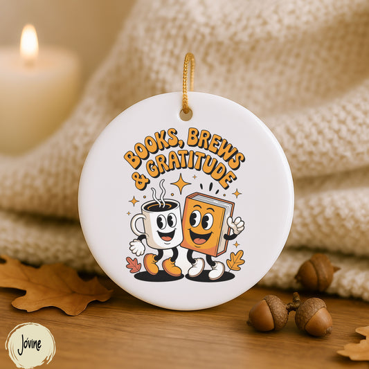 Books, Coffee, and gratitude Retro Ornament, book lover /coffee lover ornament, coffee and books gift, fall gratitude, bookworm tree ornament, Holiday tree ornament