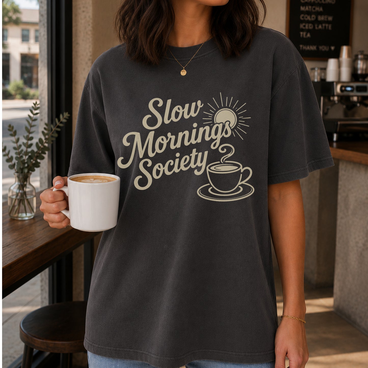 Slow Mornings Society Comfort Colors® T-Shirt – Vintage Coffee Lover Tee