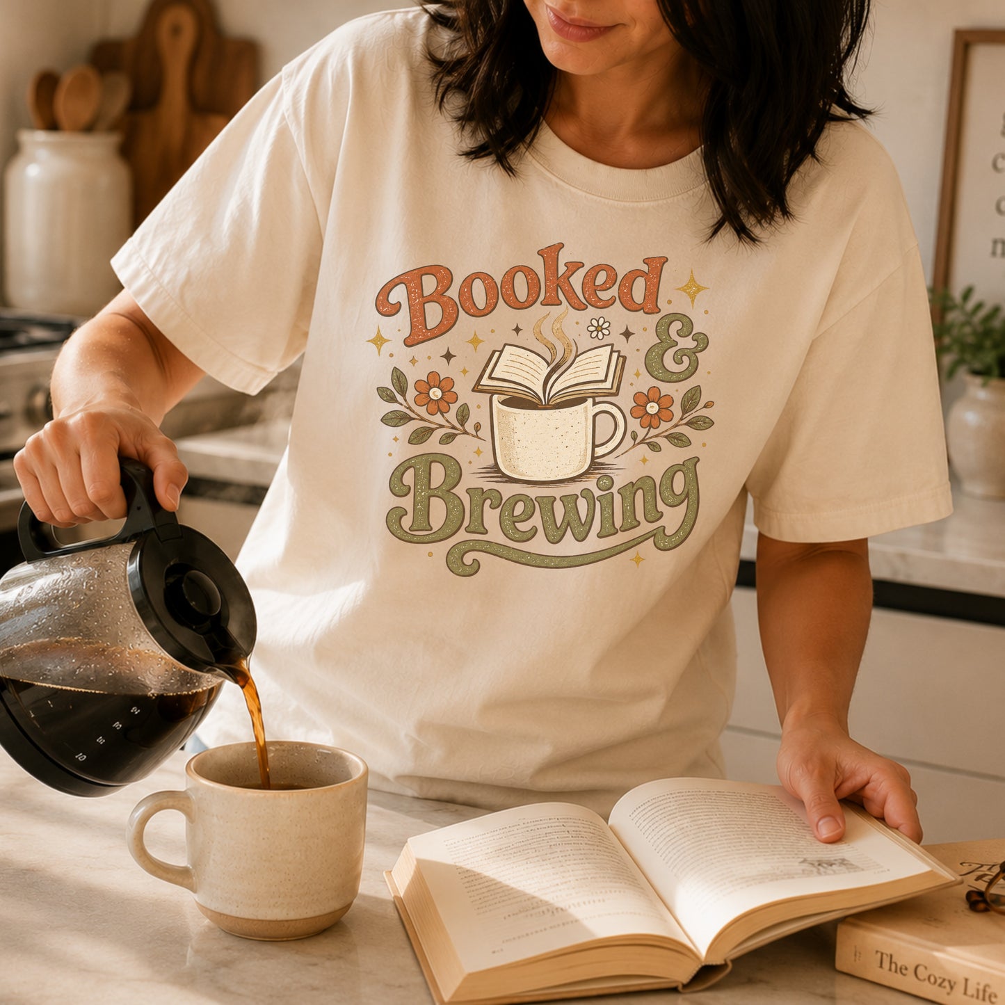 Booked & Brewing Vintage T-Shirt | Book Lover Coffee Tee | Cozy Reader Shirt