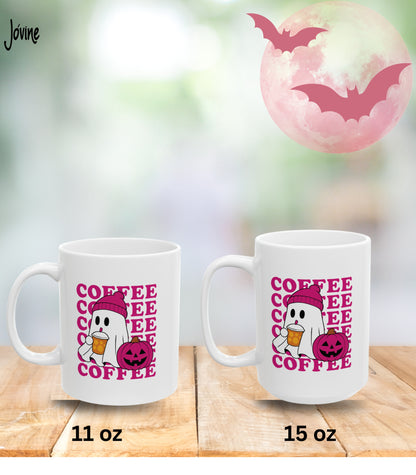 Cute Ghost Coffee Mug  | Halloween Coffee Lover Gift | Cozy Fall Aesthetic | Pink Beanie Ghost with Pumpkin Cup, quirky halloween mug,