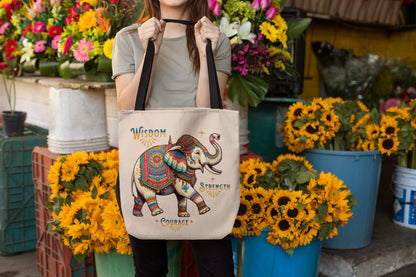 "Wisdom, Strength, Courage"  Elephant Tote Bag-  Natural