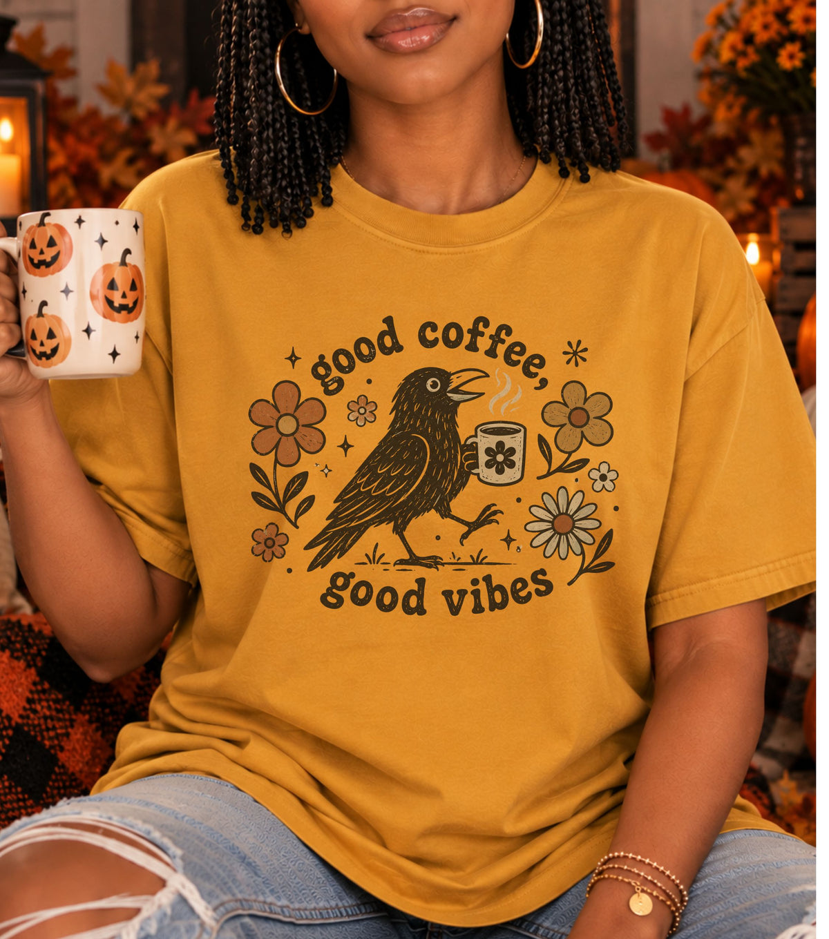Good Coffee Good Vibes Vintage T-Shirt | Coffee Lover Crow Tee | Retro Floral Graphic Shirt