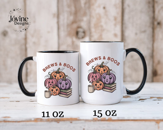 Brews and Boos Halloween Coffee Mug Cute Two-Toned Pumpkin Spice Fall Mug for Book Lovers,  Coffee Lovers, Pumpkin Fans & Cozy Autumn Vibes