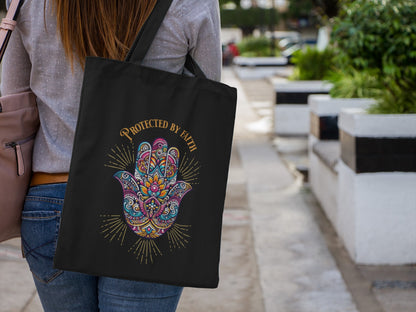 "Protected by Faith "  Hamsa Hand Tote Bag