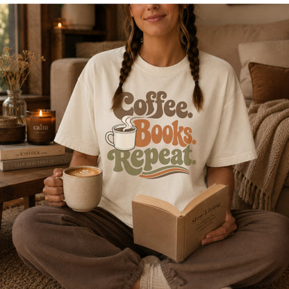 Coffee, Booked, Repeat- Vintage Coffee & Book Lover T-Shirt