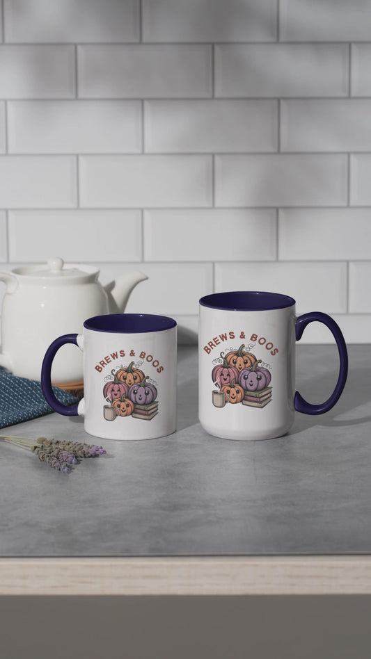 Brews and Boos Halloween Coffee Mug Cute Two-Toned Pumpkin Spice Fall Mug for Book Lovers,  Coffee Lovers, Pumpkin Fans & Cozy Autumn Vibes