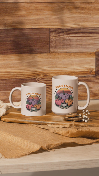 Brewed & Booked Fall Mug , Pumpkin Coffee Book Lover Gift , Autumn Aesthetic Reader, retro sunset mug, whimsical mug, cozy season gifts,